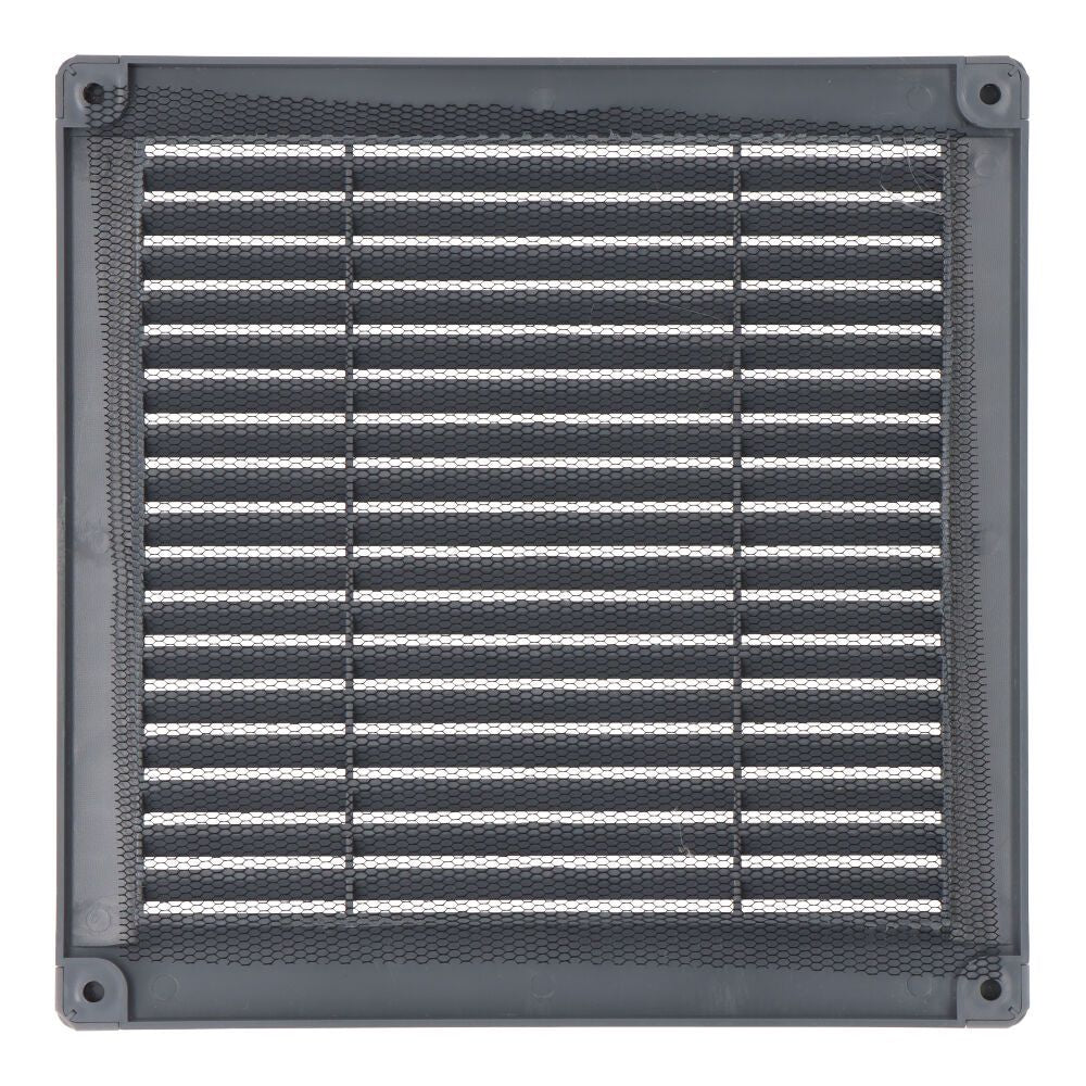 Rejilla ventilación cuadrada con tapones y mosquitera 200x200x7mm abs gris
