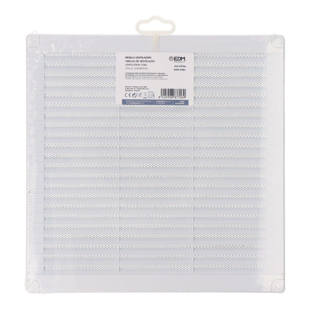 Rejilla ventilación cuadrada con tapones y mosquitera 250x250x7mm abs blanca