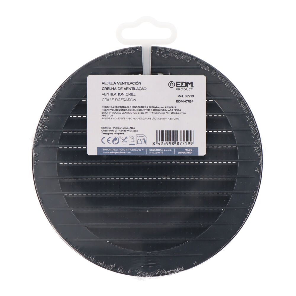 Rejilla ventilación redonda empotrable con mosquitera ø120mm abs gris antracita