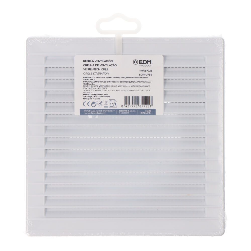 Rejilla ventilación cuadrada empotrable ø 100mm con mosquitera 170x170x10mm abs blanca