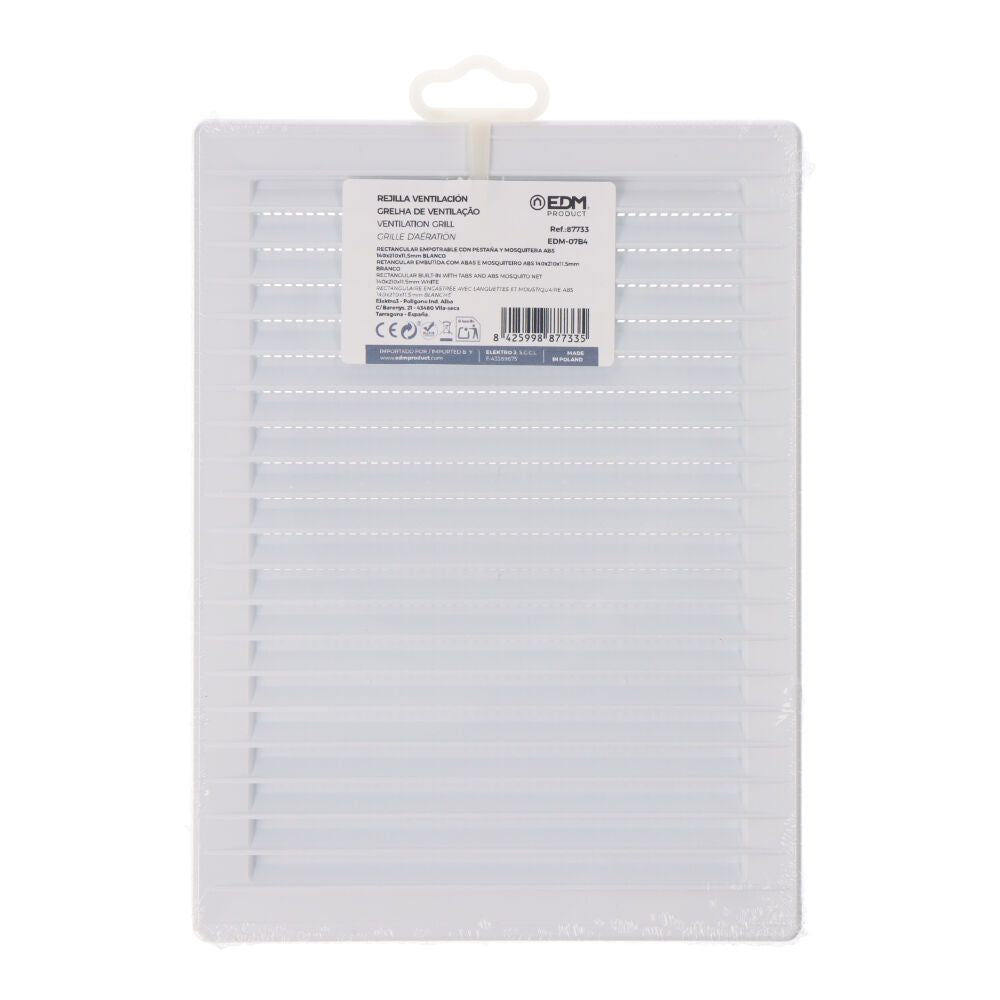 Rejilla ventilacíón rectangular empotrable con mosquitera abs 137x207mm blanco