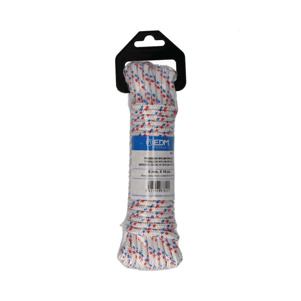 Cuerda trenzada blanca con pintas nylon, calibre 6 mm x 10 m