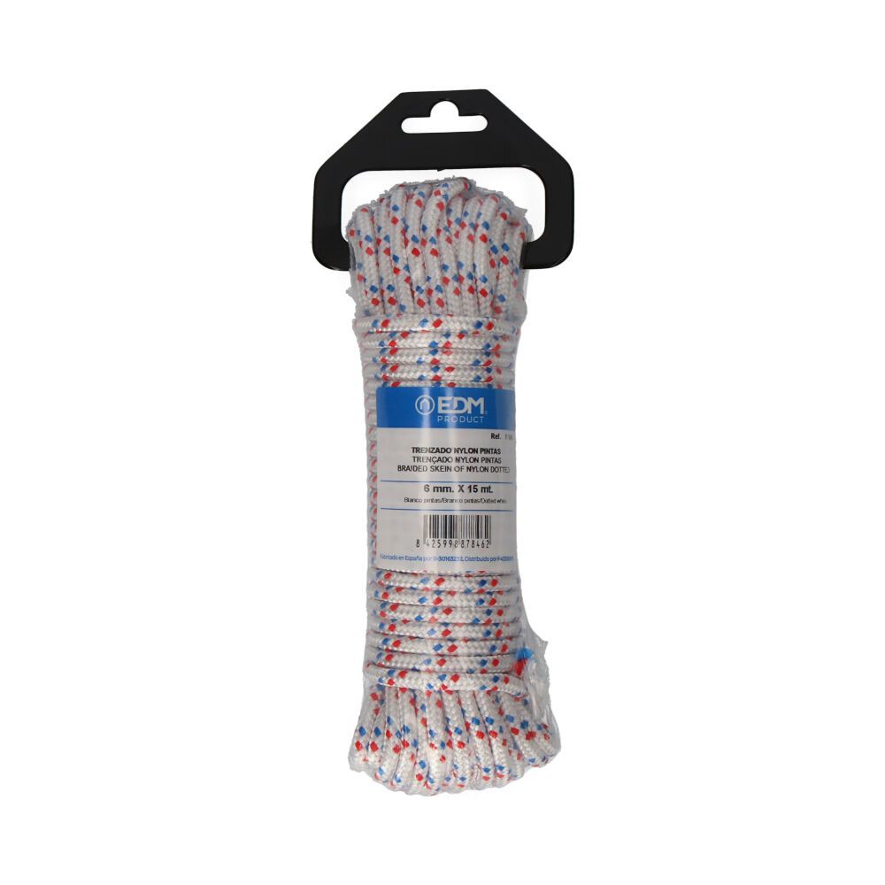 Cuerda trenzada blanca con pintas nylon, calibre 6 mm x 15 m