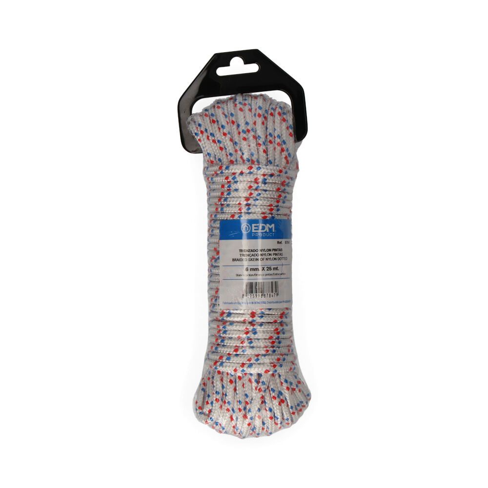 Cuerda trenzada blanca con pintas nylon, calibre 6 mm x 25 m