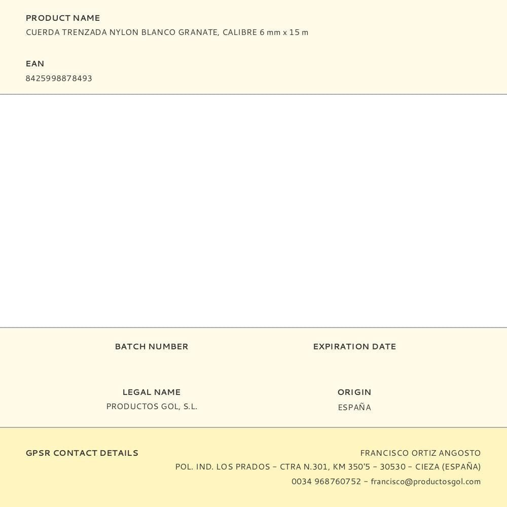 Cuerda trenzada nylon blanco granate, calibre 6 mm x 15 m