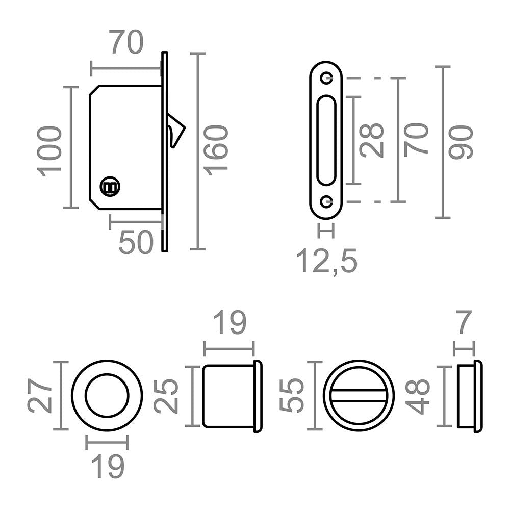 Cerradura embutir para puerta corredera, modelo pcr03, de acero con acabado latonado, 160 x 70 x 16 mm