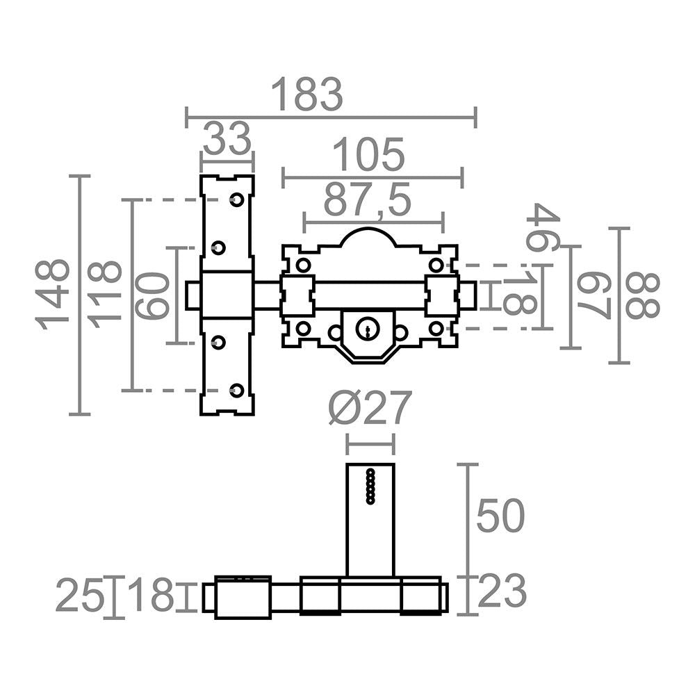 Cerrojo sobreponer crr07 105l/50 mm, pintado gris, llaves iguales amaestradas