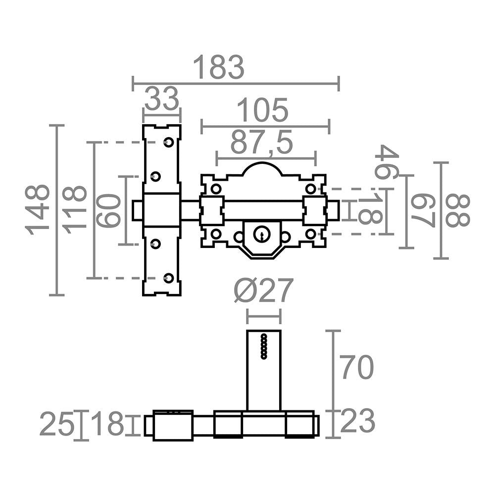Cerrojo sobreponer crr07 105l/70 mm pintado gris