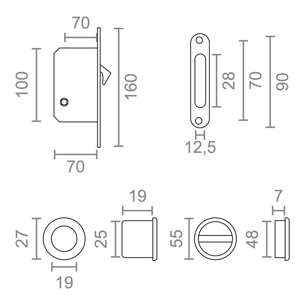Cerradura embutir para puerta corredera, modelo pcr03, de acero con acabado niquel satinado, 160 x 70 x 16 mm