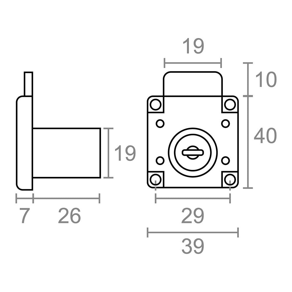 Cerradura mueble, modelo cm01, de zamak con acabado cromo brillo, 40 x 39 x 26 mm, blister