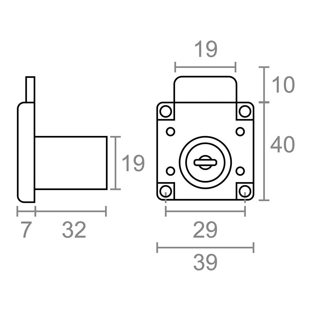 Cerradura mueble, modelo cm01, de zamak con acabado cromo brillo, 40 x 39 x 32 mm, blister