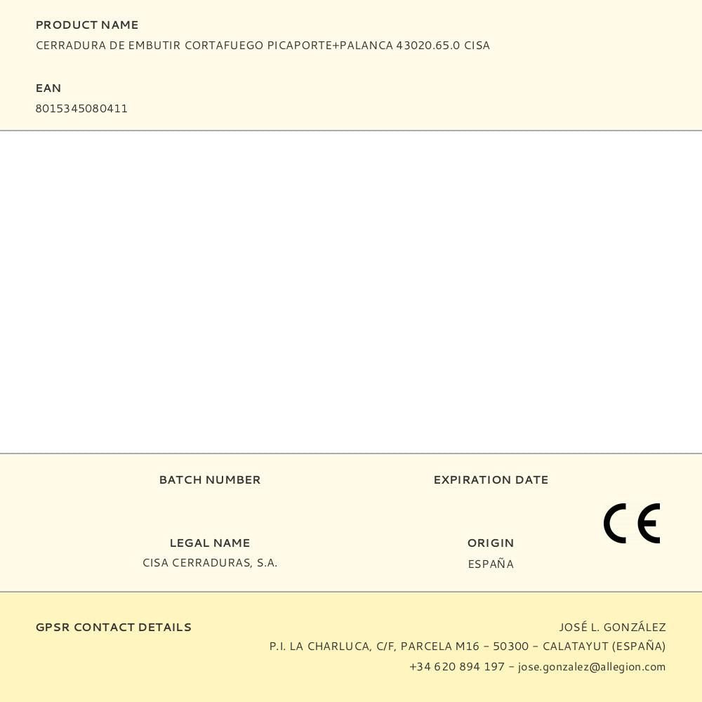 Cerradura de embutir cortafuego picaporte+palanca 43020.65.0 cisa