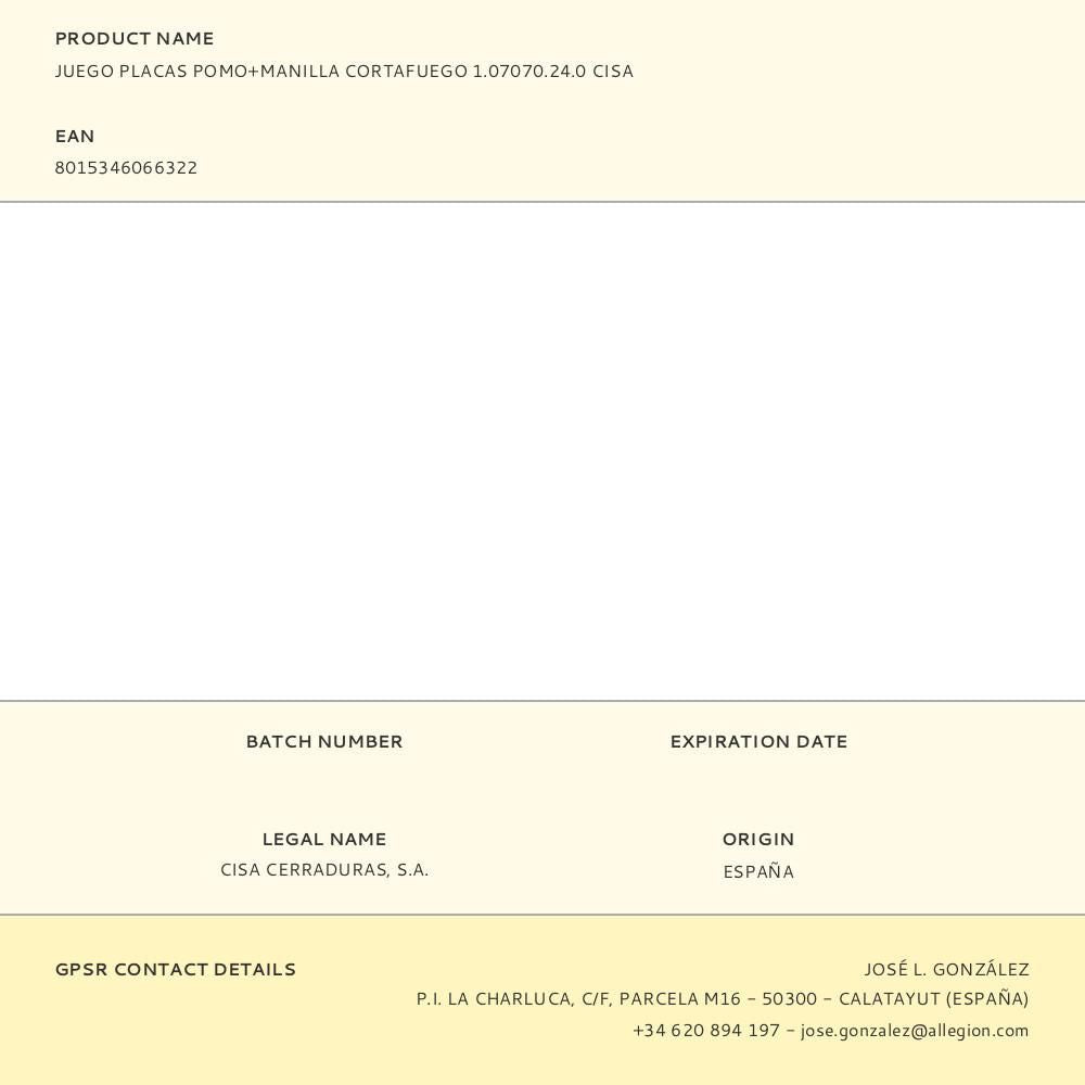 Juego placas pomo+manilla cortafuego 1.07070.24.0 cisa