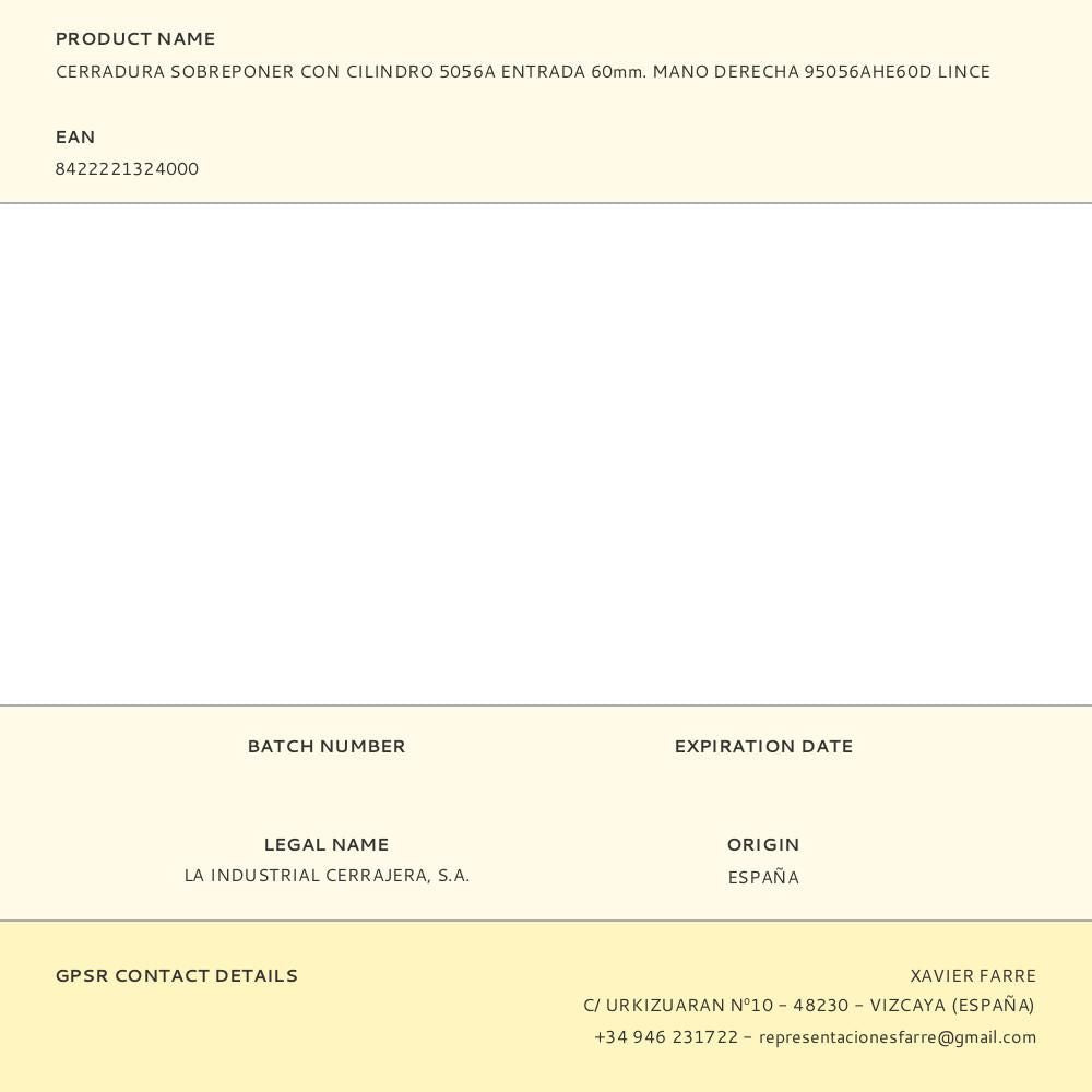 Cerradura sobreponer con cilindro 5056a entrada 60mm. mano derecha 95056ahe60d lince