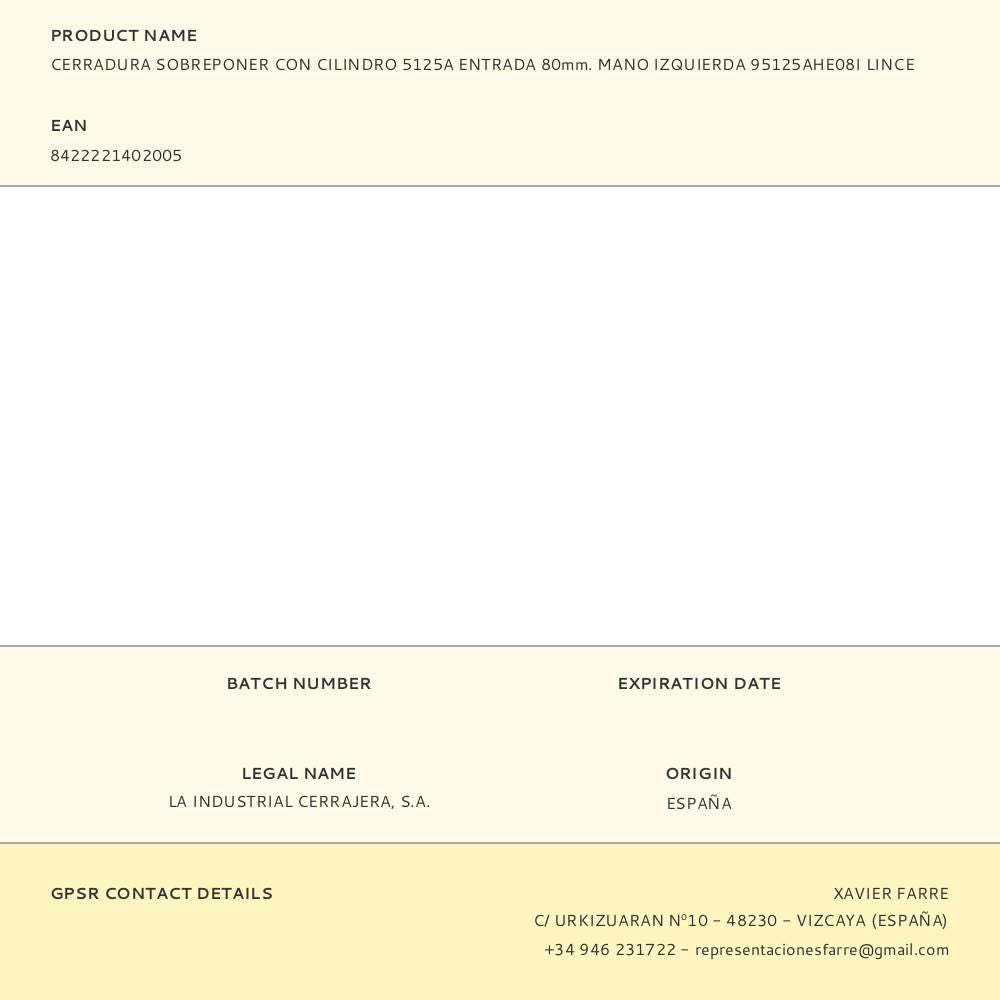 Cerradura sobreponer con cilindro 5125a entrada 80mm. mano izquierda 95125ahe08i lince