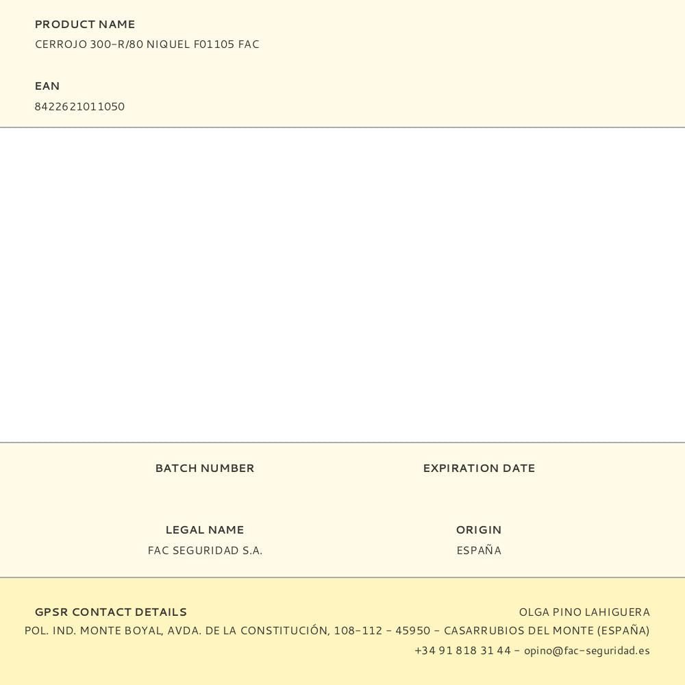 Cerrojo 300-r/80 niquel f01105 fac