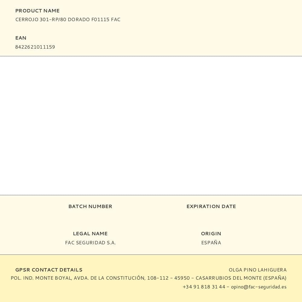 Cerrojo 301-rp/80 dorado f01115 fac