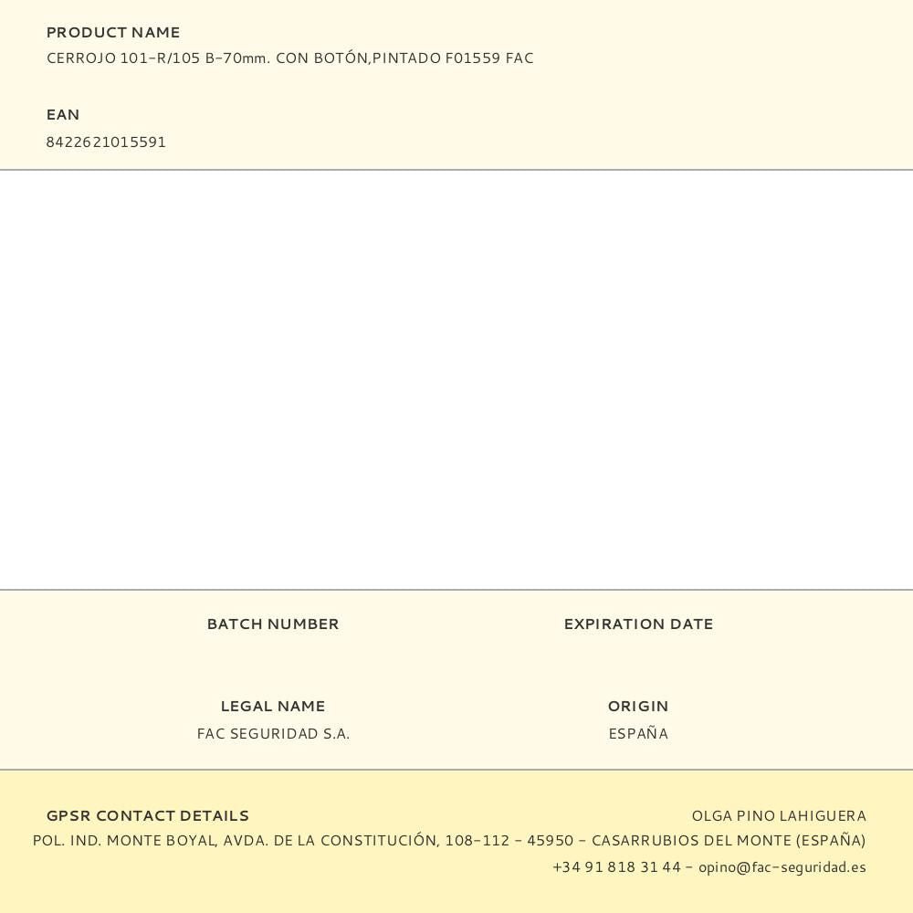 Cerrojo 101-r/105 b-70mm. con botón,pintado f01559 fac