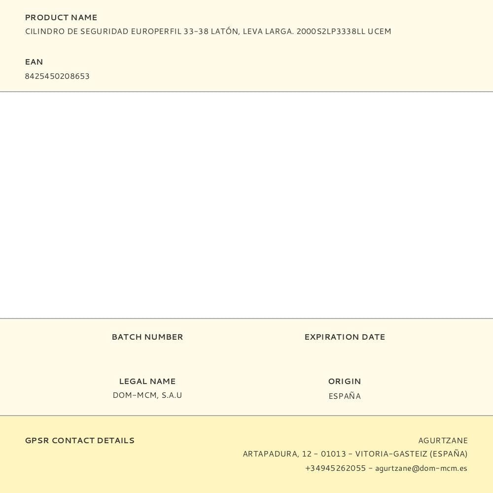 Cilindro de seguridad europerfil 33-38 latón, leva larga. 2000s2lp3338ll ucem