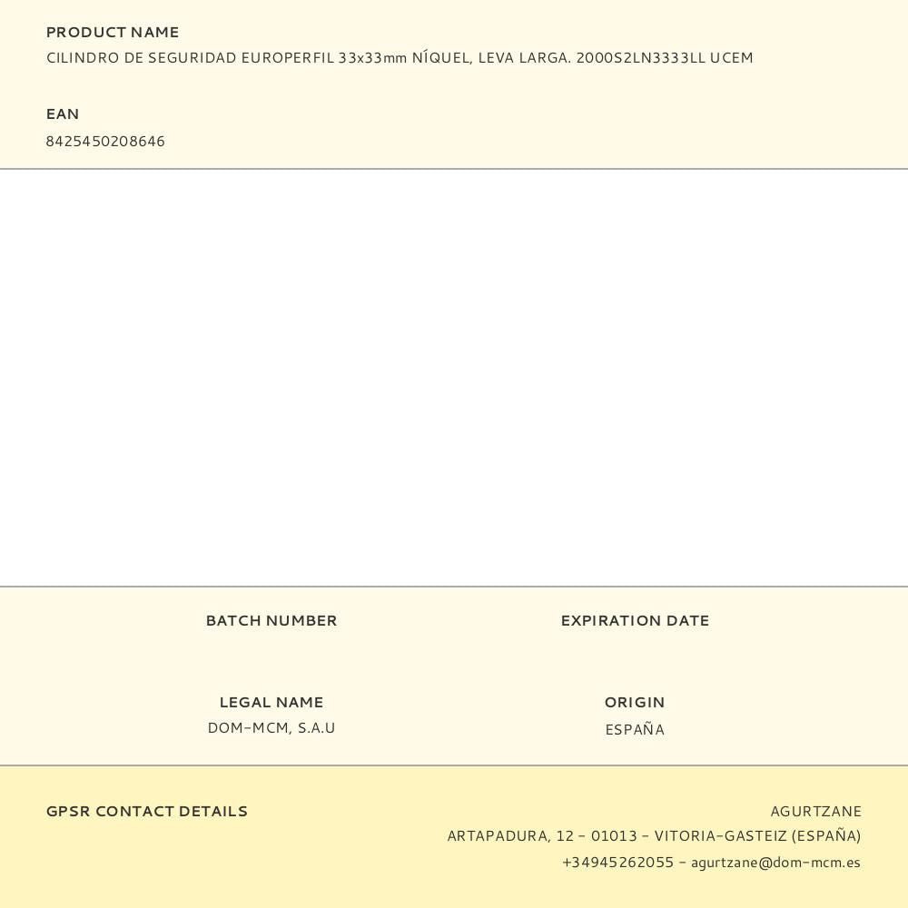 Cilindro de seguridad europerfil 33x33mm níquel, leva larga. 2000s2ln3333ll ucem