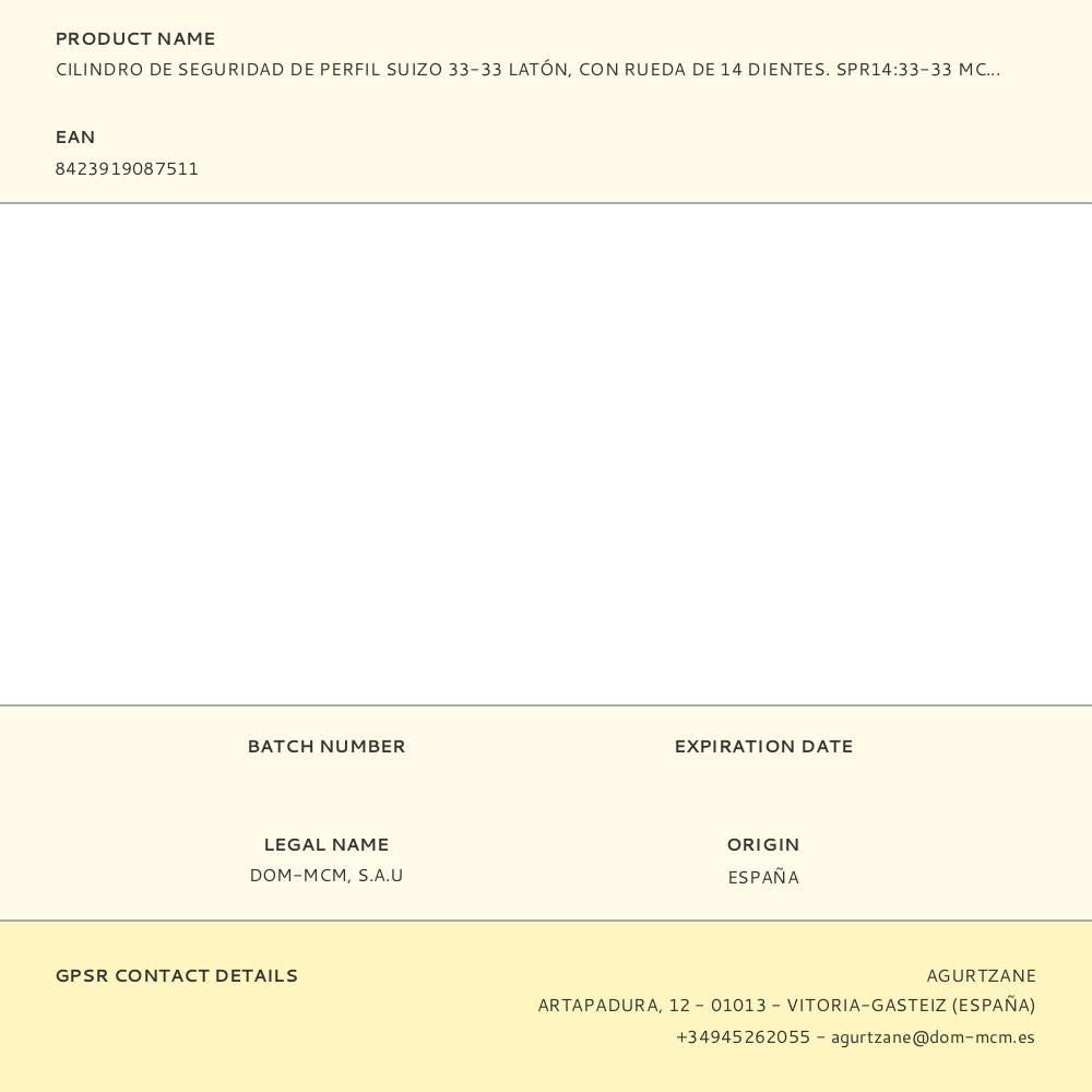 Cilindro de seguridad de perfil suizo 33-33 latón, con rueda de 14 dientes. spr14:33-33 mcm