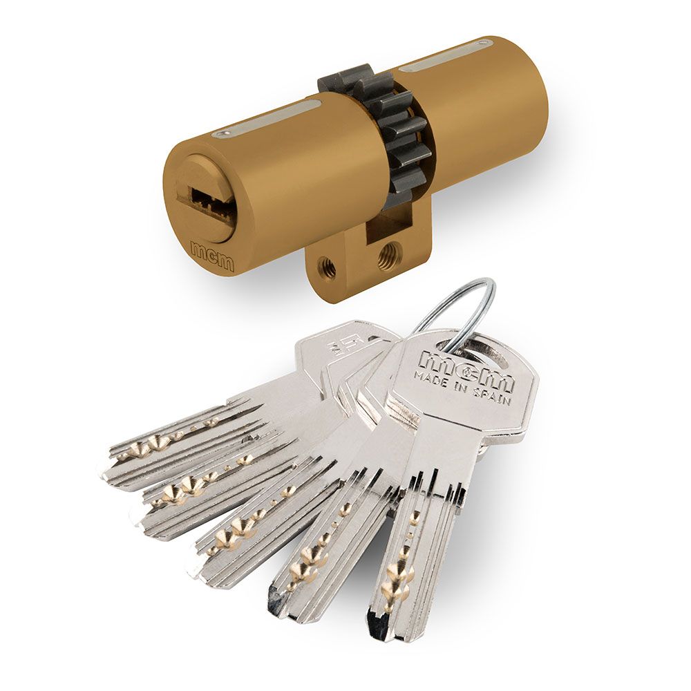 Cilindro de seguridad de perfil suizo 33-43 latón, con rueda de 14 dientes. spr14:33-43 mcm