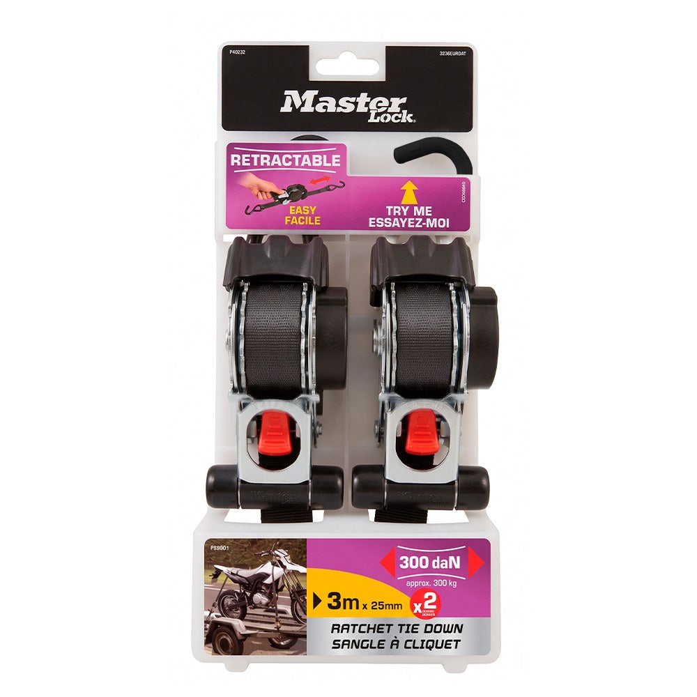 Correas retráctiles con trinquete y ganchos s, 25 mm x 3 m, 2 uds