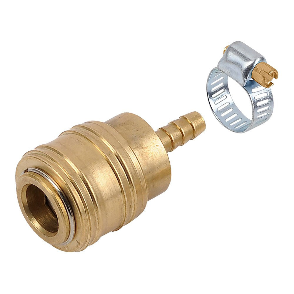 Conector latón hembra universal con abrazadera para manguera