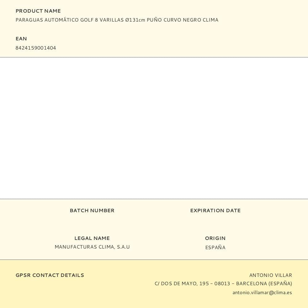 Paraguas automático golf 8 varillas ø131cm puño curvo negro clima