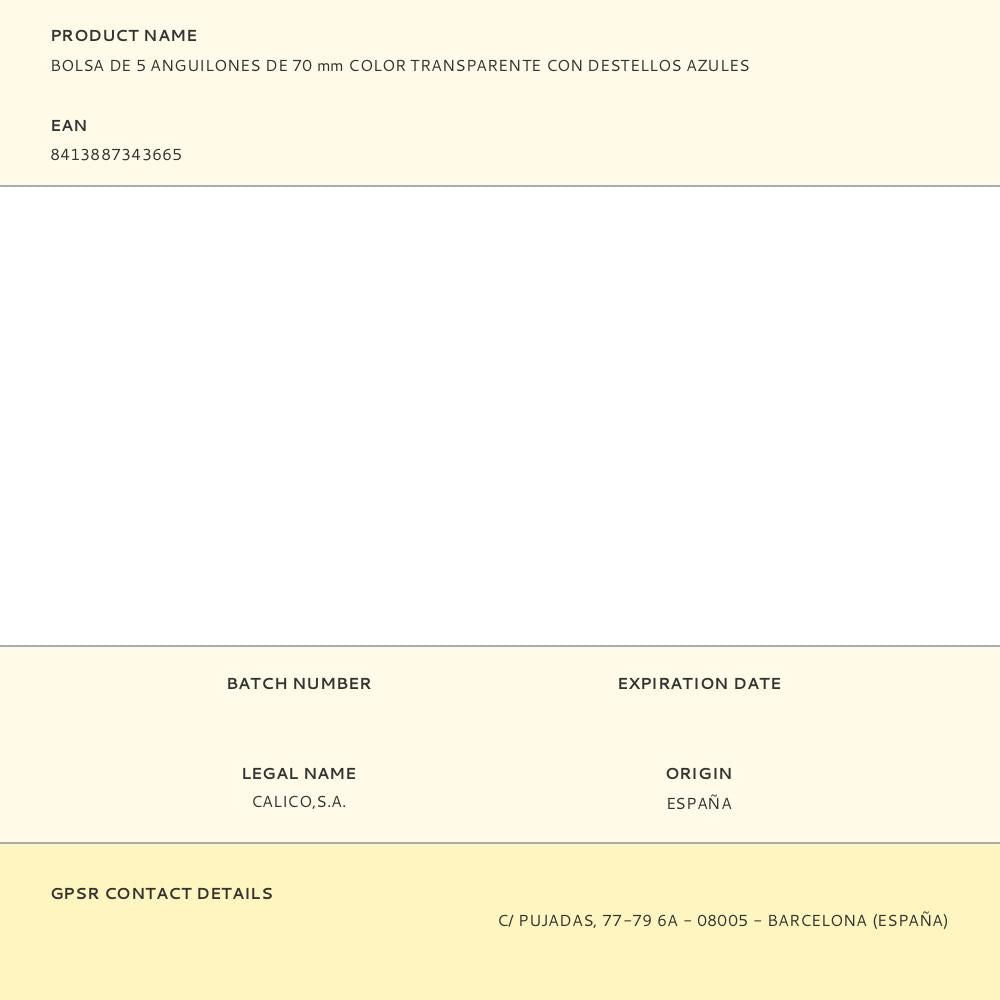 Bolsa de 5 anguilones de 70 mm color transparente con destellos azules