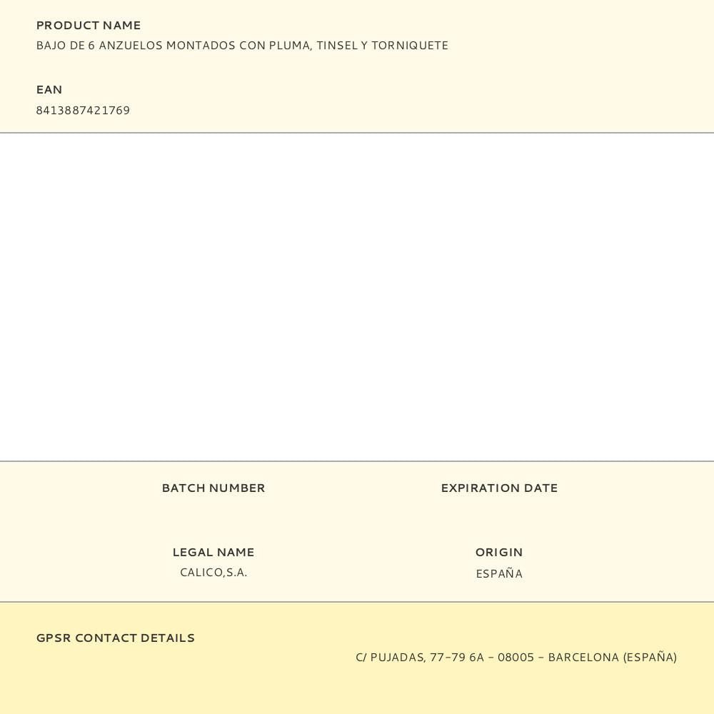 Bajo de 6 anzuelos montados con pluma, tinsel y torniquete