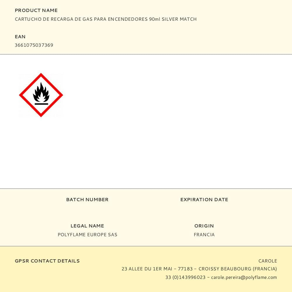 Cartucho de recarga de gas para encendedores 90ml silver match