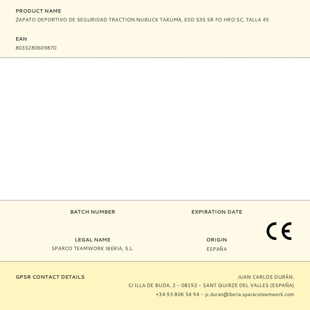 Zapato deportivo de seguridad traction nubuck takuma, esd s3s sr fo hro sc, talla 45
