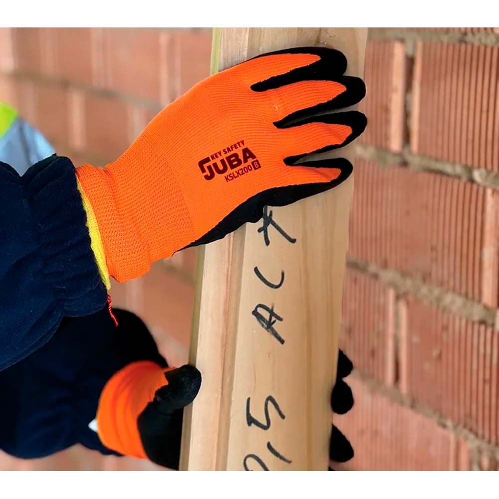 Guante poliéster con palma látex rugoso, keep safe, naranja y negro, t-8 m