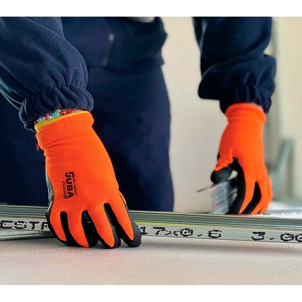 Guante poliéster con palma látex rugoso, keep safe, naranja y negro, t-8 m