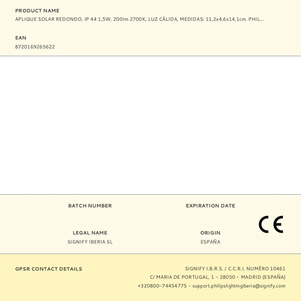Aplique solar redondo, ip 44 1,5w, 200im 2700k, luz cálida, medidas: 11,2x4,6x14,1cm. philips