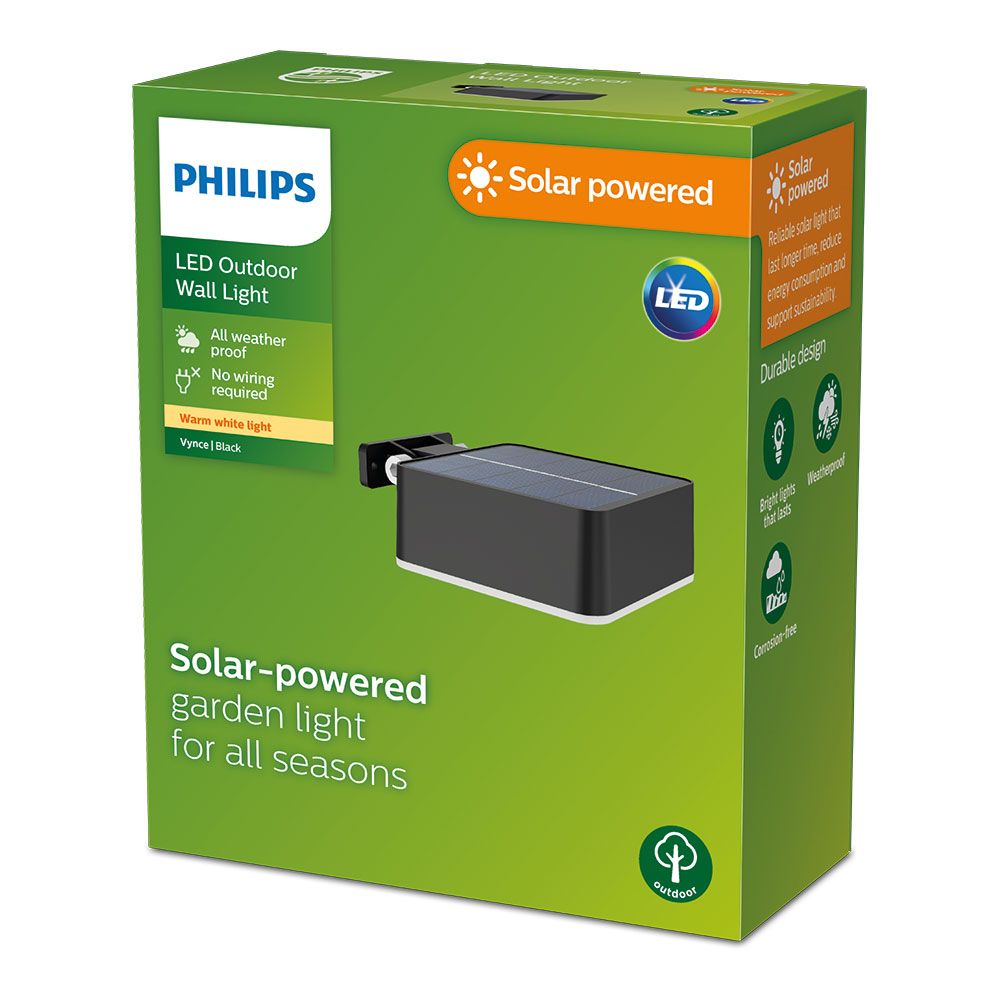 Aplique solar cuadrado, ip 44 1,5w, 200im 2700k, luz cálida, medidas: 10,5x4,6x13,6cm. philips