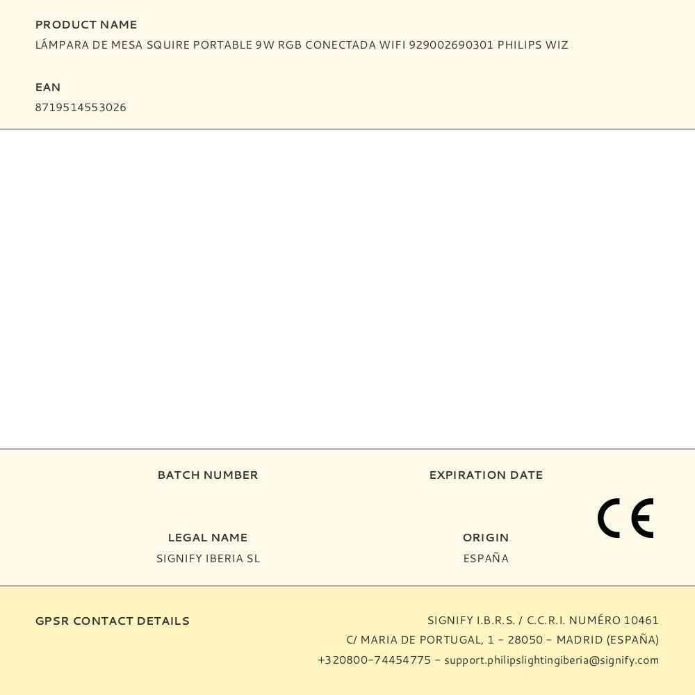 Lámpara de mesa squire portable 9w rgb conectada wifi 929002690301 philips wiz