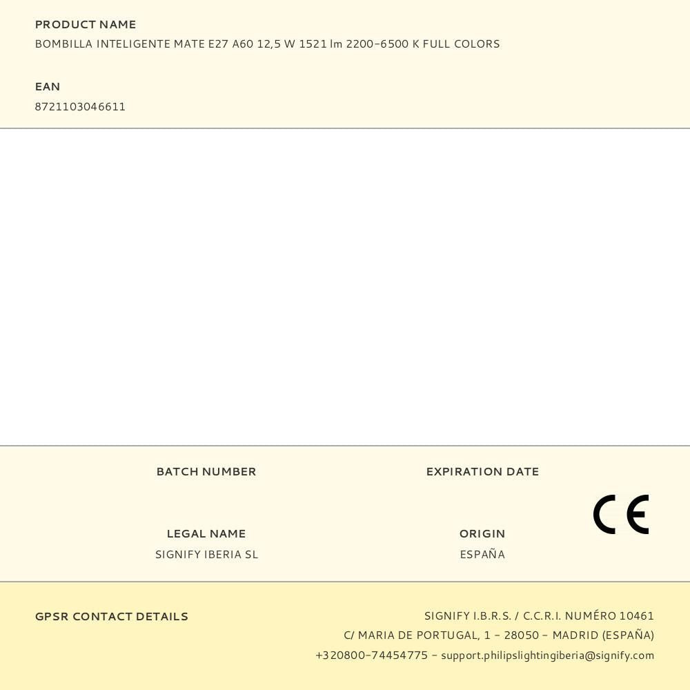 Bombilla inteligente mate e27, 12,5 w, 1521 lm, 2200-6500 k, a todo color