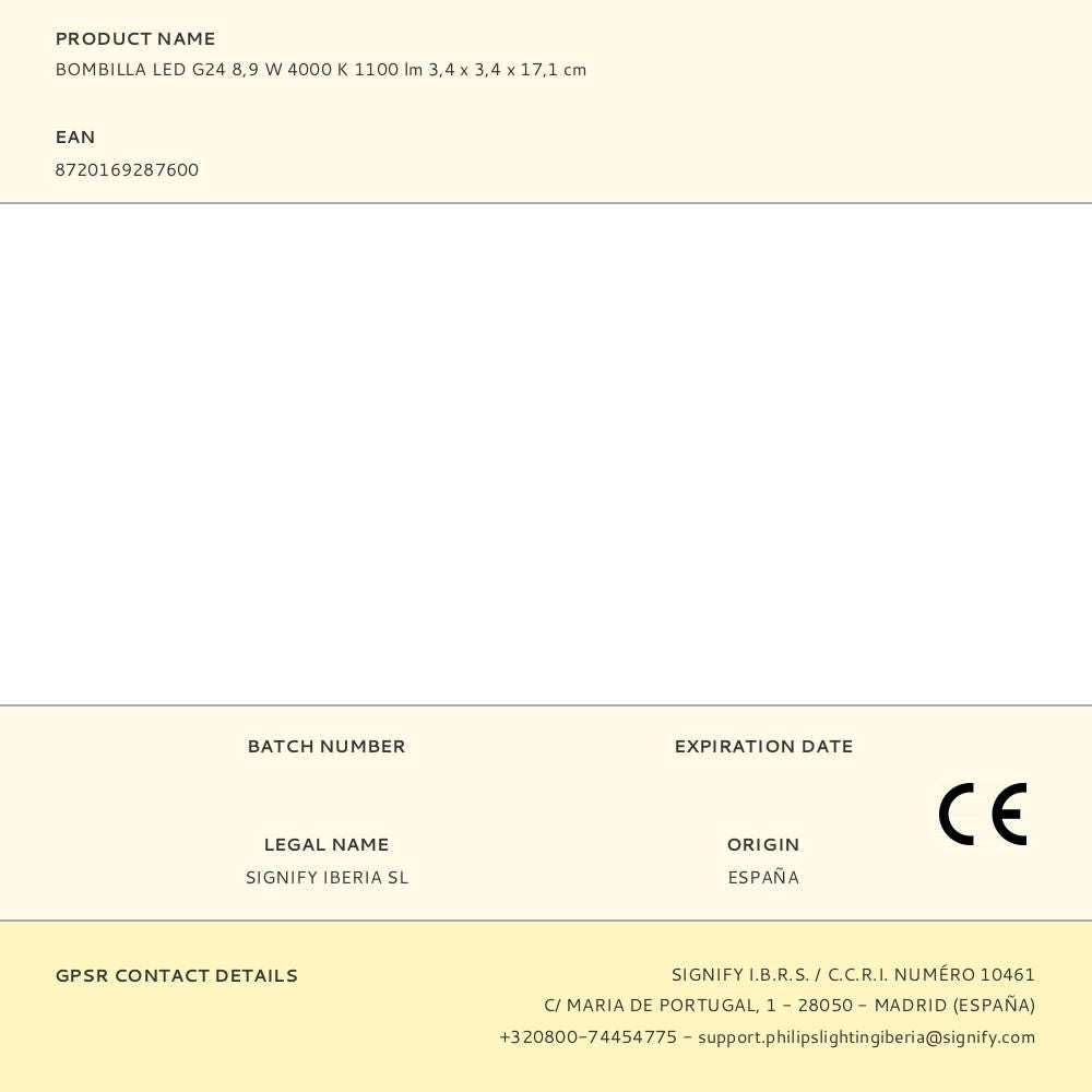 Bombilla led g24 8,9 w 4000 k 1100 lm 3,4 x 3,4 x 17,1 cm