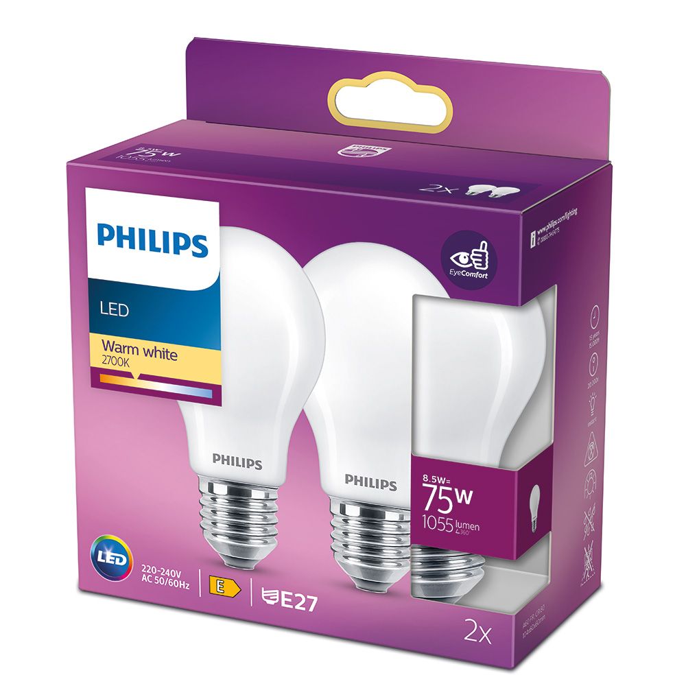 Bombilla estándar led e27 8,5 w 1055 lm 2700 k luz cálida, 2 uds