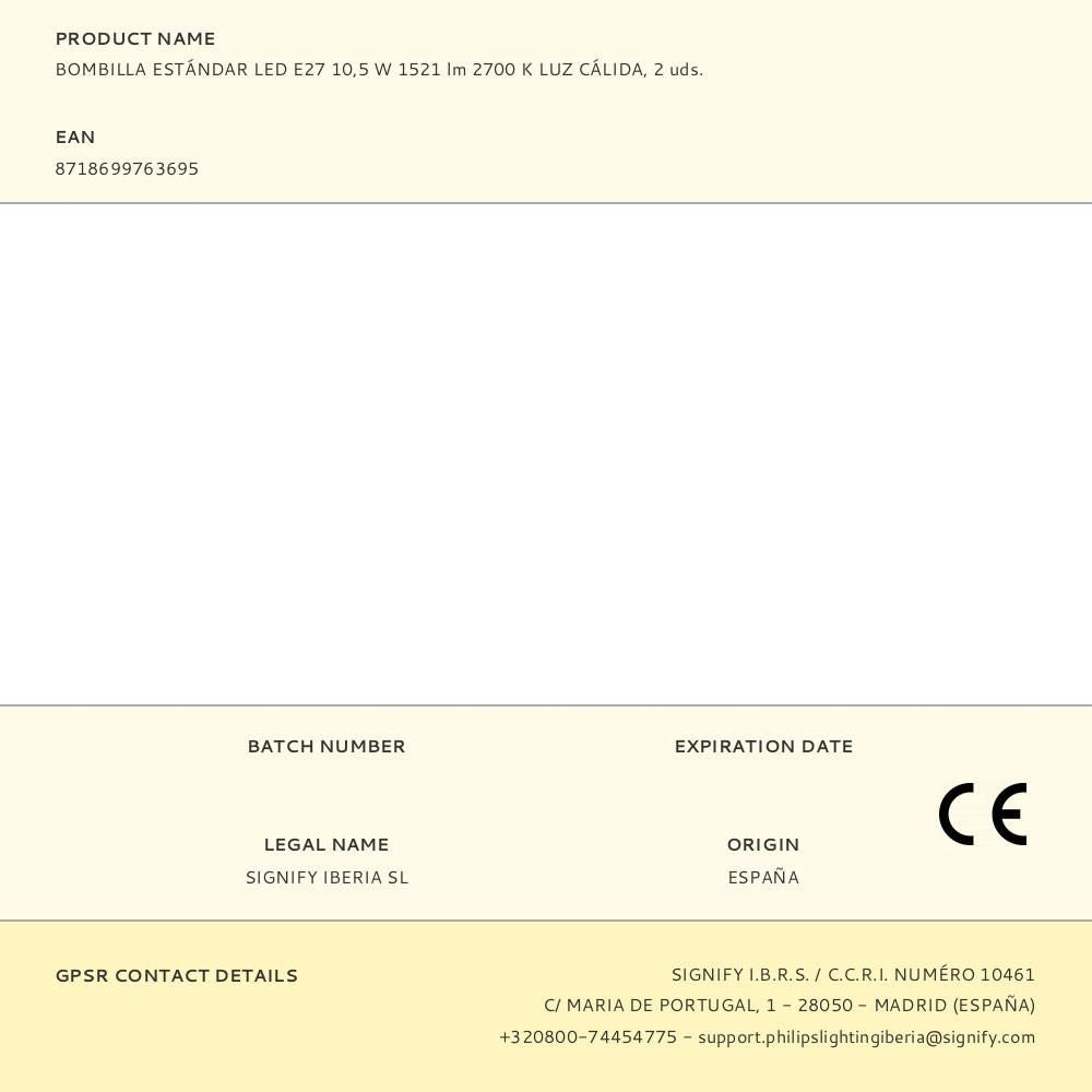 Bombilla estándar led e27 10,5 w 1521 lm 2700k luz cálida, 2 uds.