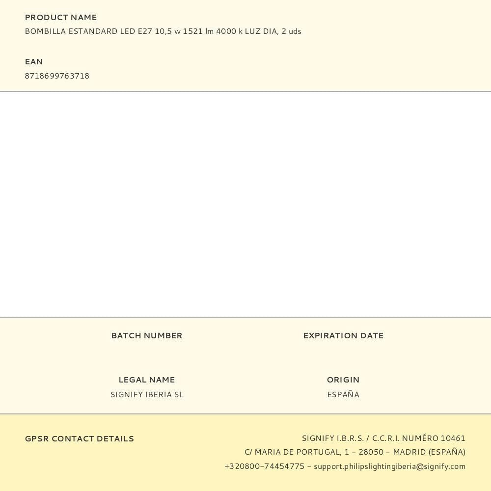 Bombilla estándar led e27, 10,5 w, 1521 lm, 4000k, luz día, 2 uds