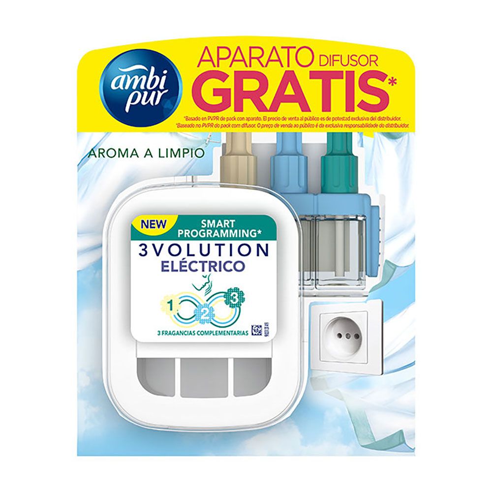 Ambientador eléctrico 3volution aroma limpio 3 fragancias aparato + recambio 21 ml