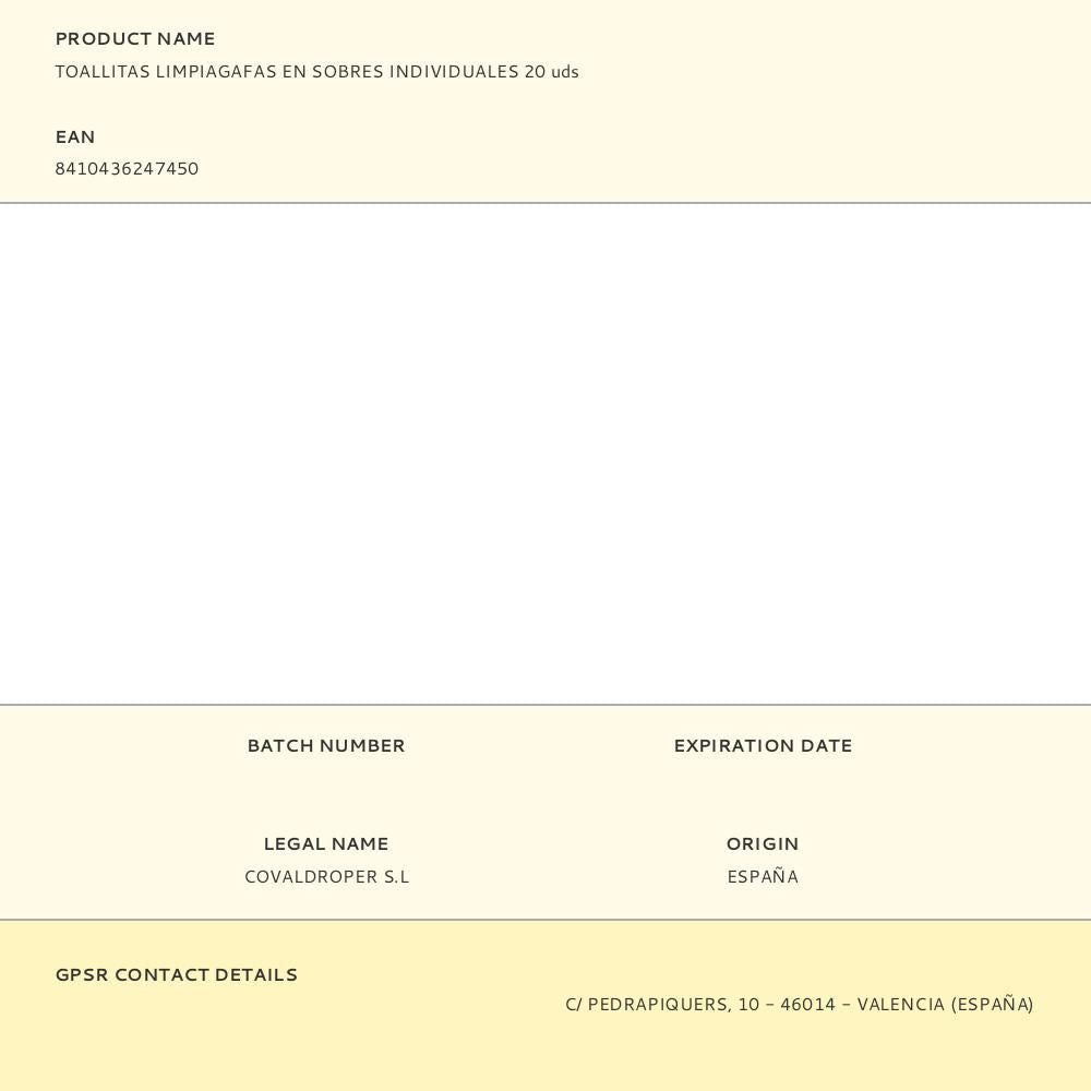 Toallitas limpiagafas en sobres individuales 20 uds