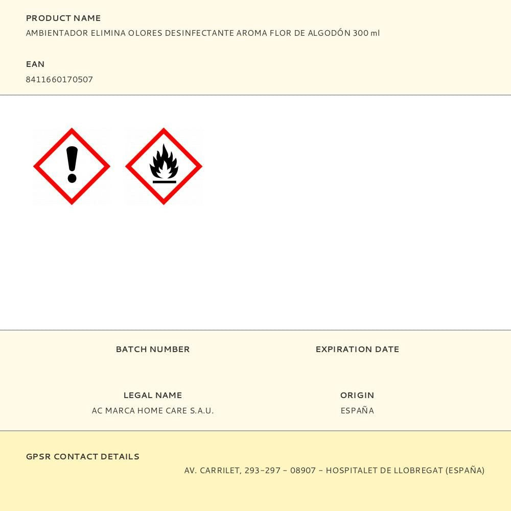 Ambientador elimina olores desinfectante aroma flor de algodón 300 ml