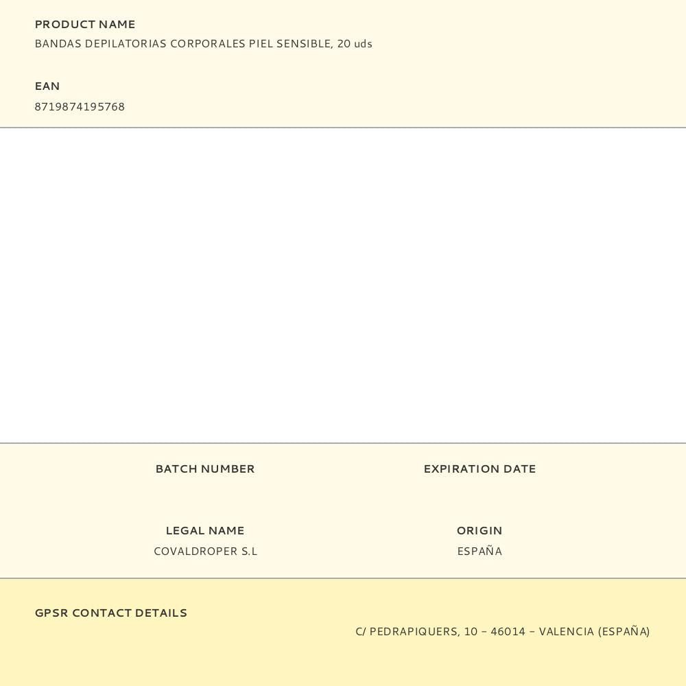 Bandas depilatorias corporales piel sensible, 20 uds