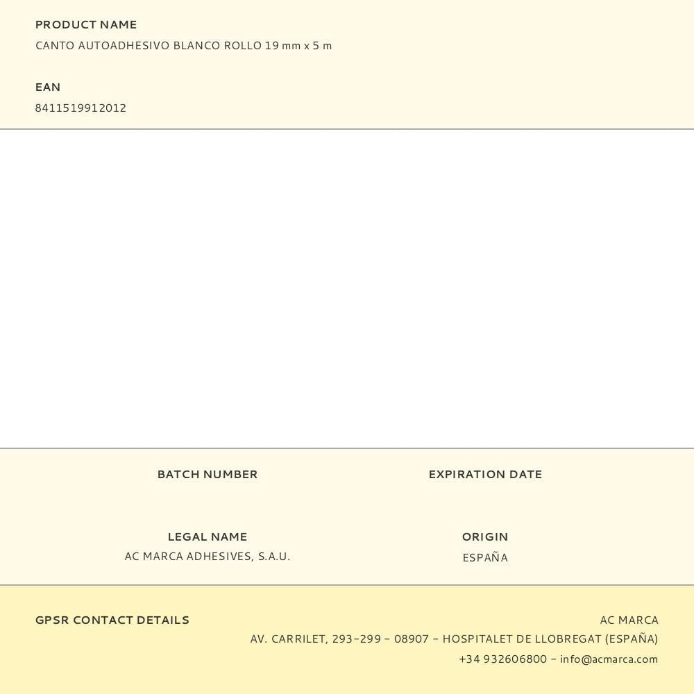 Canto autoadhesivo blanco rollo 19 mm x 5 m