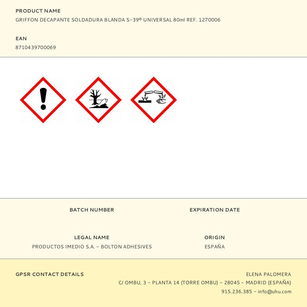Griffon decapante soldadura blanda s-39® universal 80ml ref. 1270006