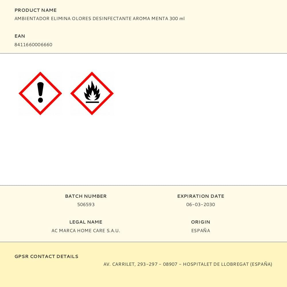 Ambientador elimina olores desinfectante aroma menta 300 ml